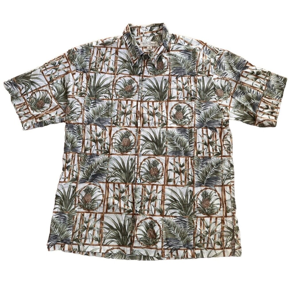 Tori Richard Hawaiian Shirt XL  Cotton Lawn Palm Print Rare EUC Gorgeous Cream